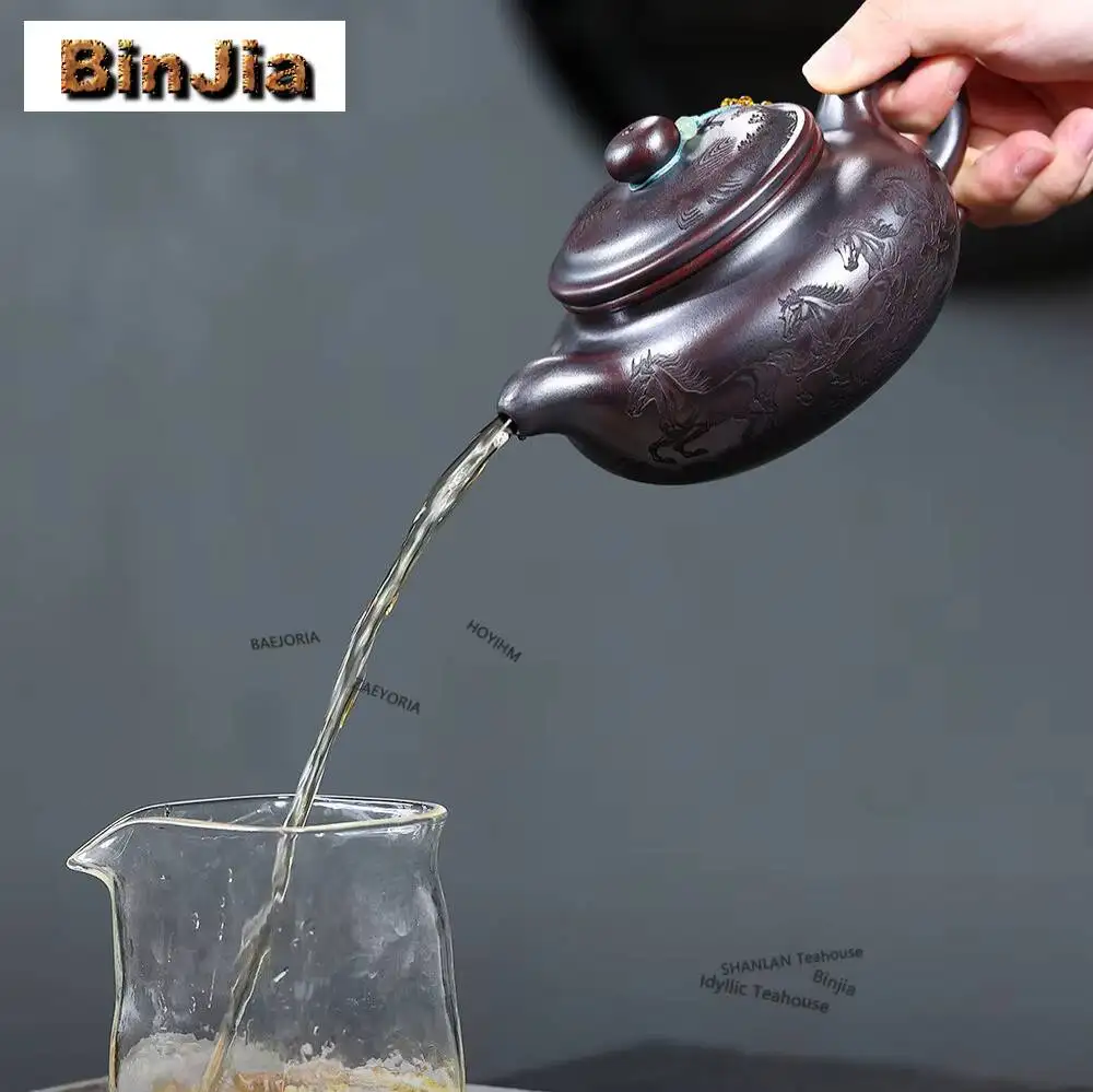 420ml Antique Yixing Purple Clay Teapots Handmade Horse Pot Raw Ore Ancient Black Mud Kettle Chinese Zisha Tea Set Ornaments