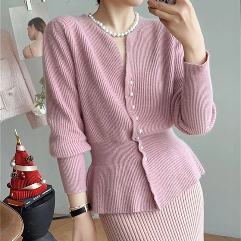 Fashion Chic Slim Cardigan Sweater Top Y2k Women Knitted Two Piece Skirt Set New Fashion Tide Autumn Winter 2024