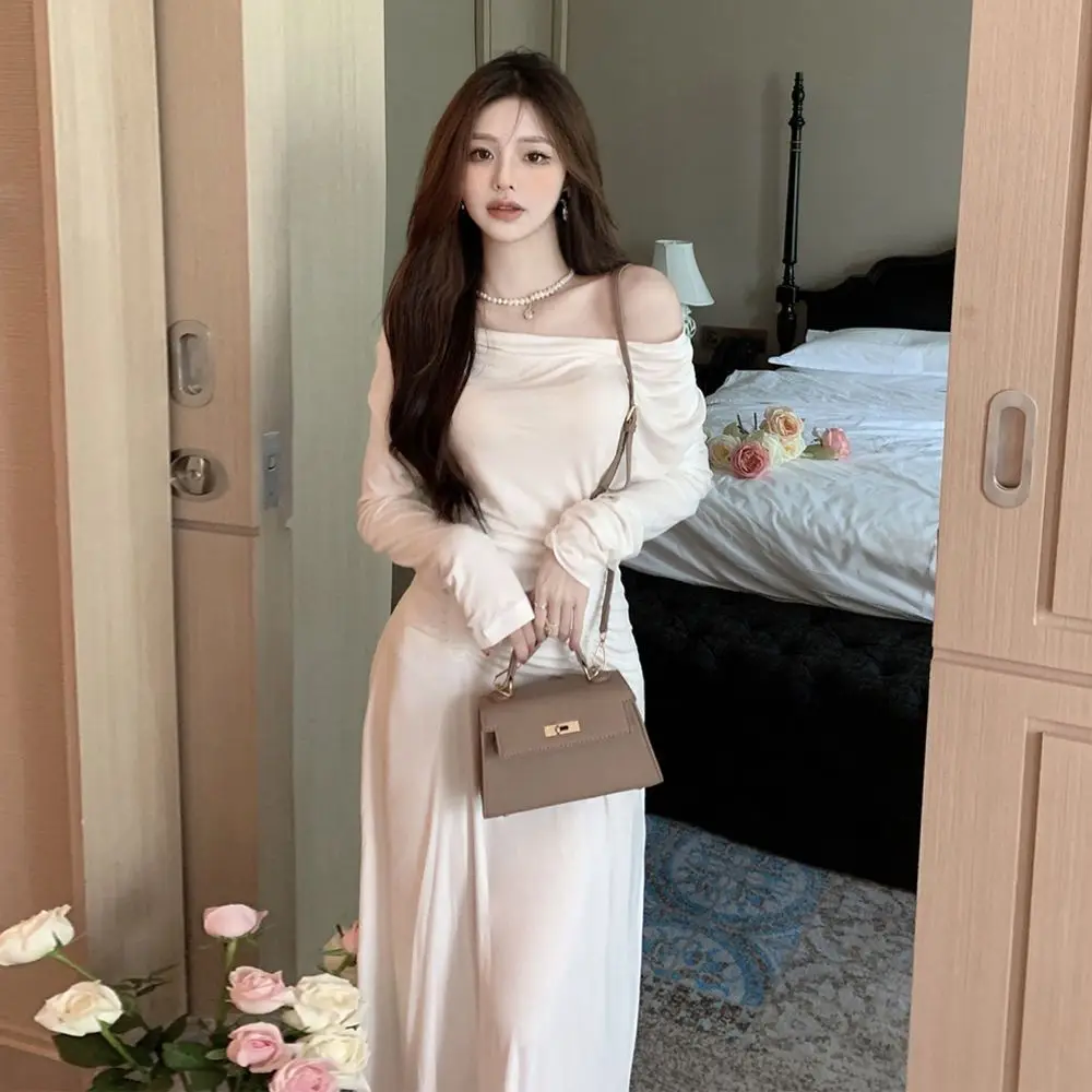 Dresses Women Solid Elegant High Quality Trendy Slash Neck Folds Abdomen Slim Hottie Temperament Autumn Midi Hotsweet Ins Chic