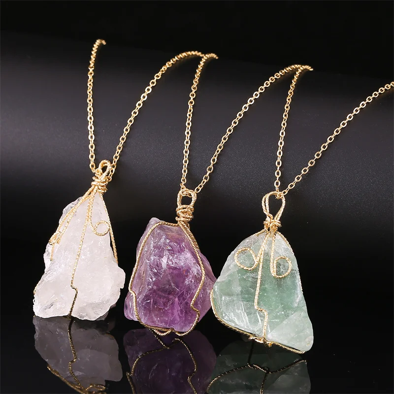 

Irregular Natural Crystal Stone Druzy Pendant Necklace Copper Wire Wrap Unpolished Pink Quartz Choker Reiki Jewelry DY-53