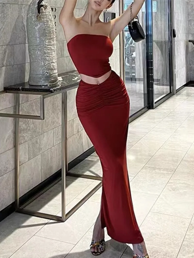 Desire Women Sexy Pure Style Solid Slim Strapless Pleated Top + High Waisted Wrap Hip Slit Long Dress Dwuczęściowy zestaw 58OE