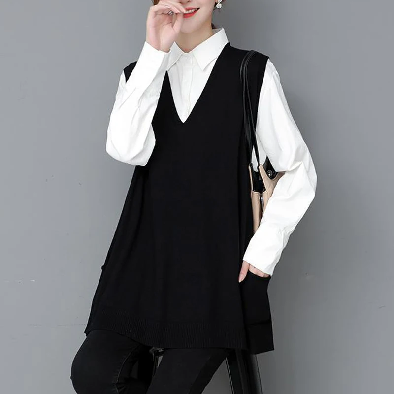 Spring Autumn Women Korean Style Simple Elegant V Neck Sleeveless Knitted Sweater Vest Female Casual Solid Loose Tunic Waistcoat