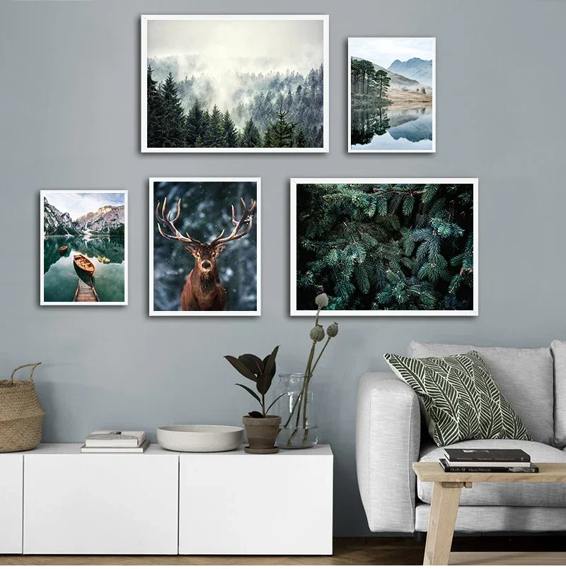 Nordic Snowing Landscape Forest Deer Poster Animal Lake Boat Christmas Leaves Snow Mountain Prints Painting Nature Picture De