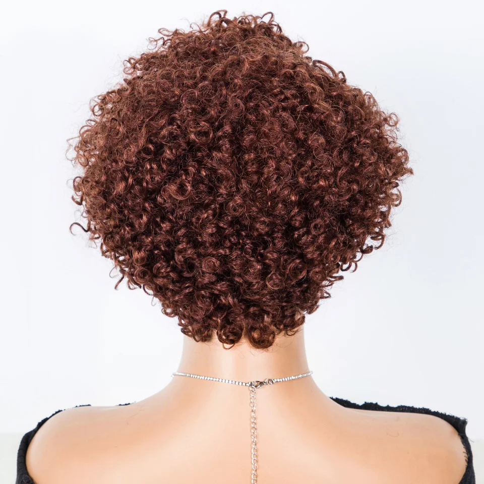Lekker Natural Brown Short Pixie Cut Afro Kinky Curly Bob Human Hair Wig For Women Brazilian Remy Hair Full Machine  Colored Wig