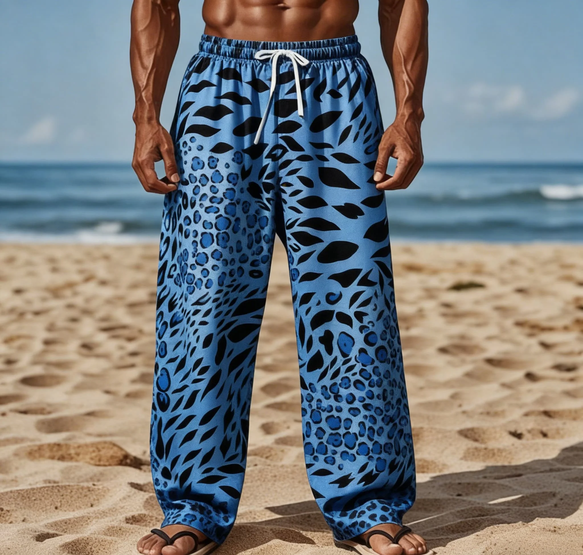 

Men's Summer New Blue Leopard Print Beach Casual Pants