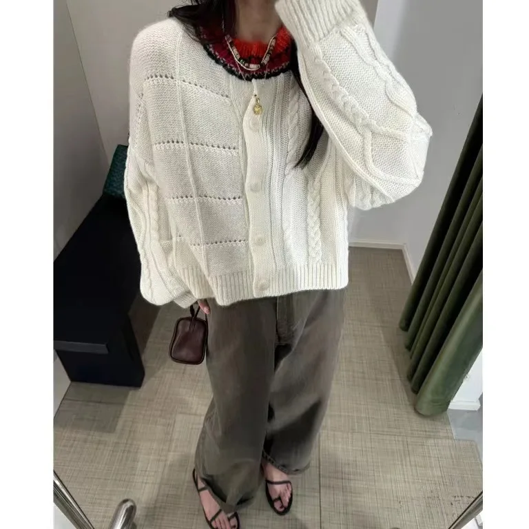 

Oversized Knitted Open Cardigan Asymmetrical Color Blo round Ne Twist Flower Design Wool Blend Autumn Winter Ne...