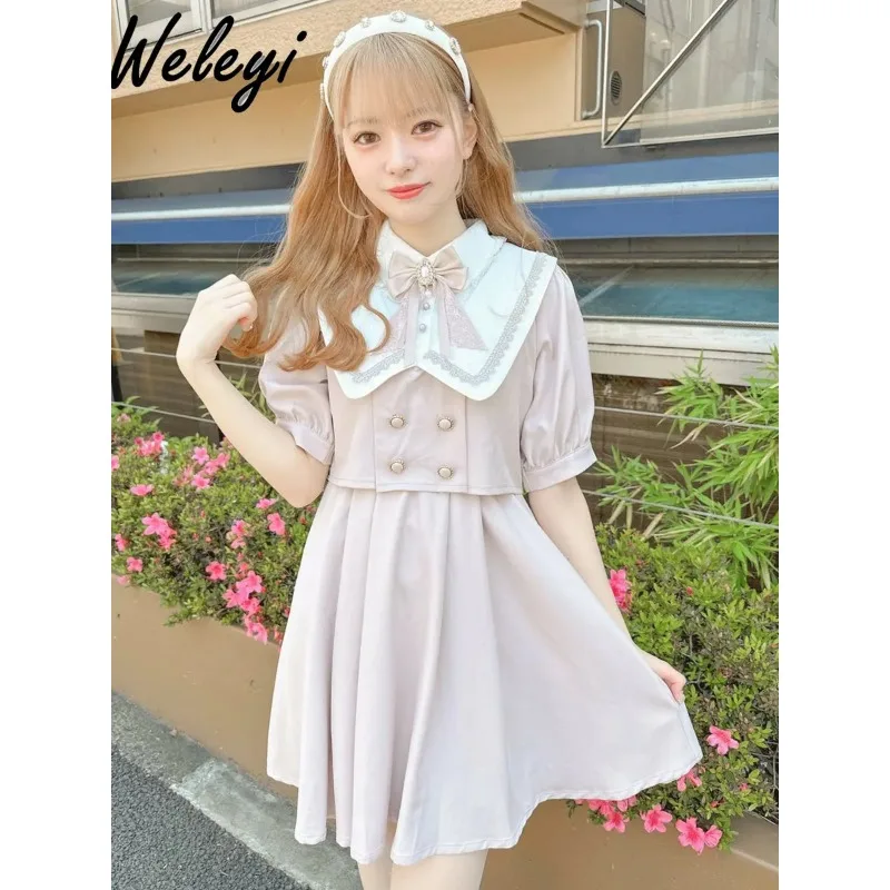 

Rojita Sweet Girl Short Dress 2024 Spring and Summer Sweet Japanese Style Lolita Sailor Neck Short Sleeve Bow Dresses for Ladies