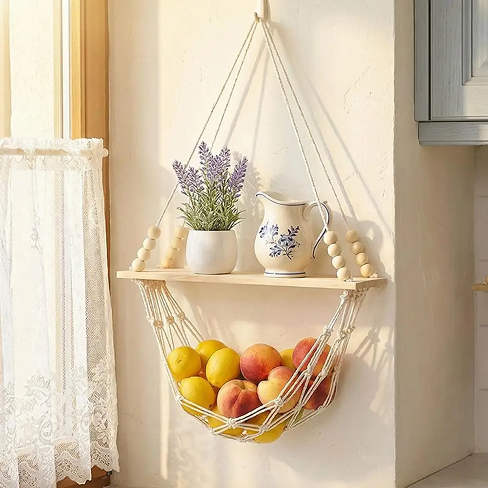 Floating Wall Shelf Wood Square Corner Display Stand Boho Home Decoration Living Room Hand Woven Storage Net Hanging Decor