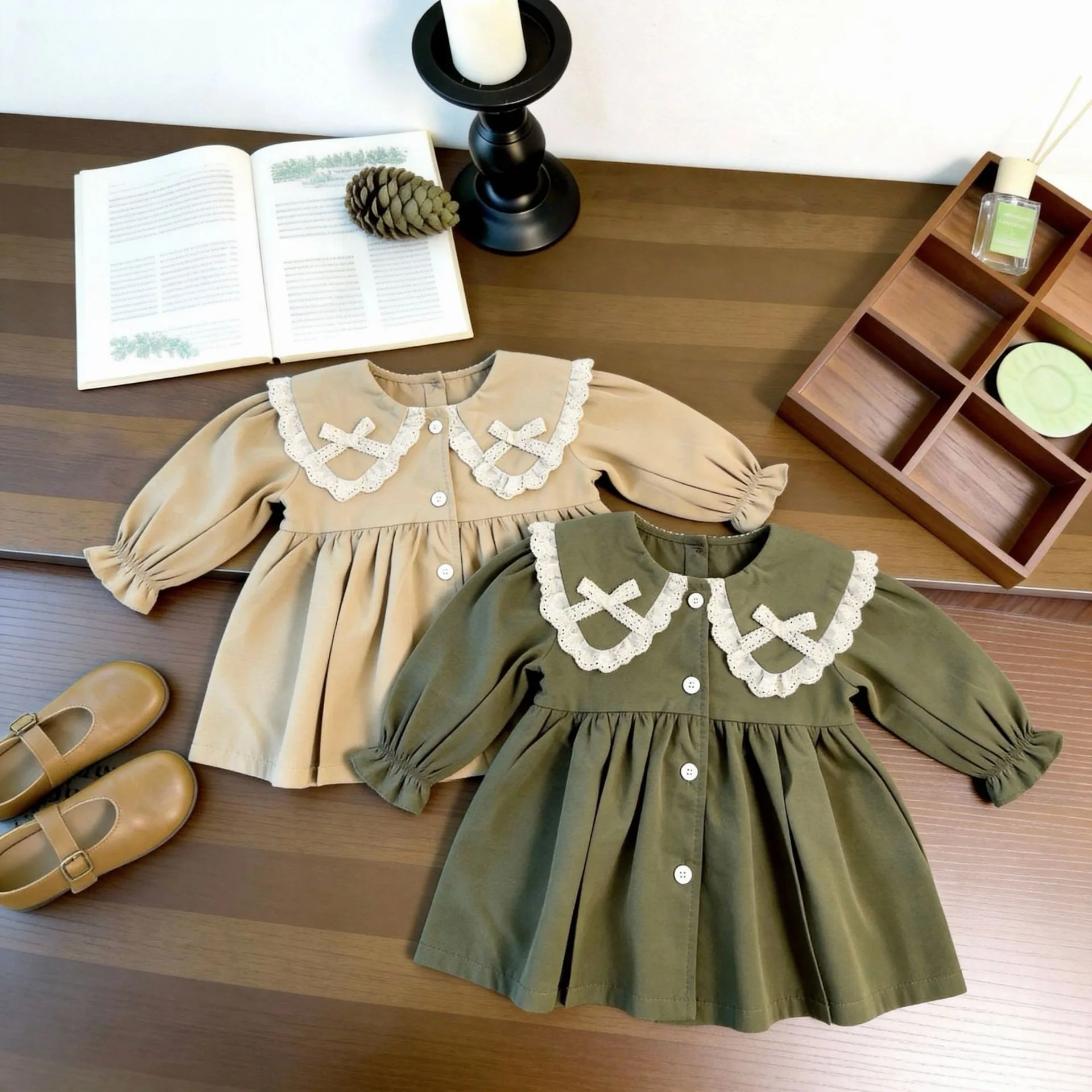 

2026 Spring New Girls Long Sleeve Princess Dress Cotton Children Casual Dress Baby Girl Bow Lace Lapel Dress Toddler Clothes