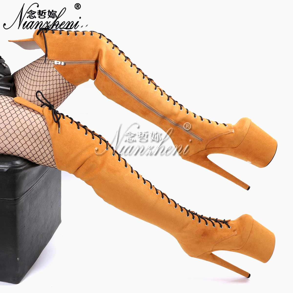 Novelty Faux Suede 8inch High Heels over the Knee Bootsg 20cm gladiator Platform Shoes Sexy Exotic Stripper party stage Orange