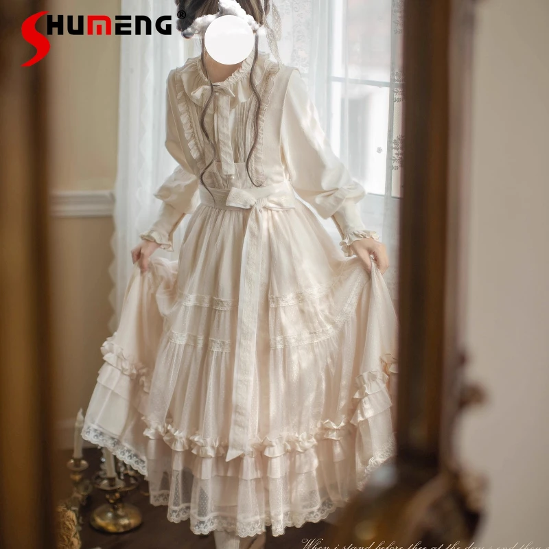 

French Elegant Lolita Princess Tea Party Long Dress JSK Spring Autumn Women's High Waist Slim Lace Edge Sleeveless Dress Shirt