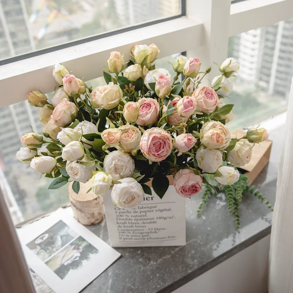 

Double-headed rose branches artificial flowers home decoration wholesale fake flowers wedding party event layout