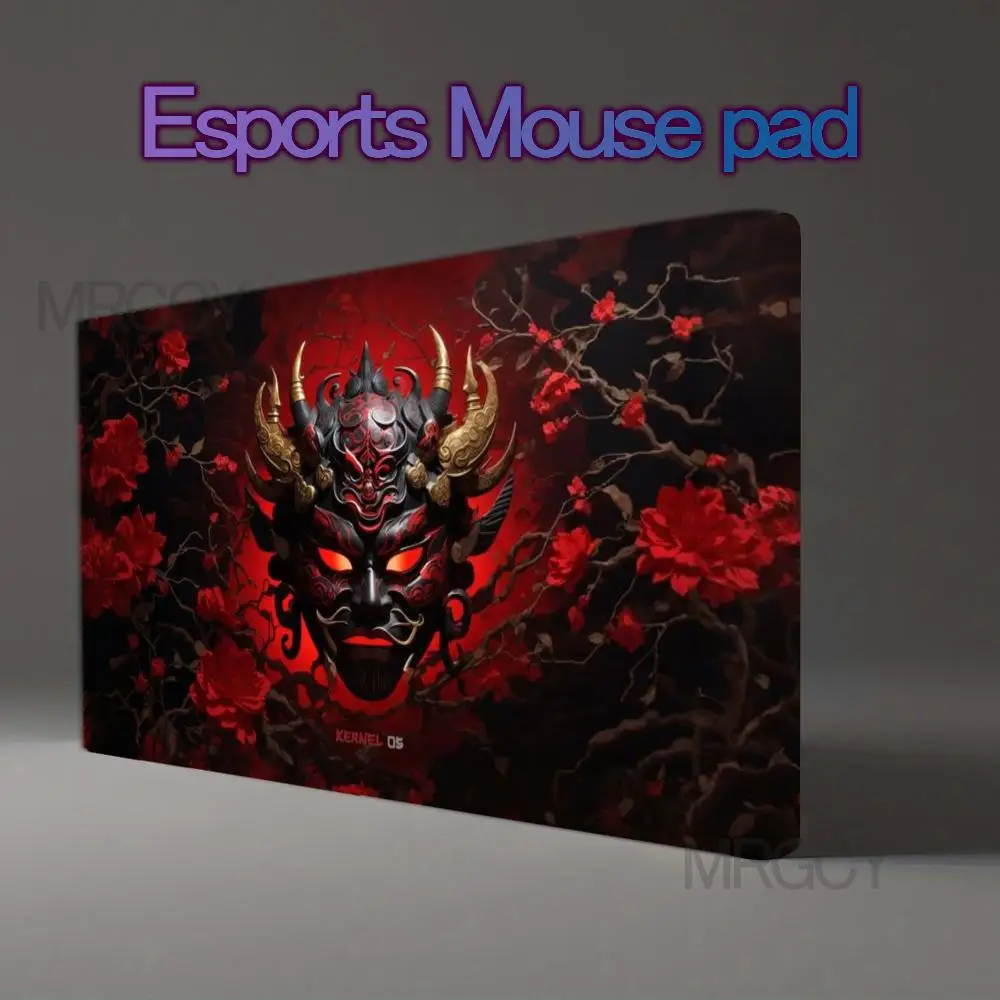 Dark Red Japanese Oni Hannya Mask With Red Peony Gaming Mouse Pad Large Extended Desk Pad Non-Slip Table Mat for Gaming
