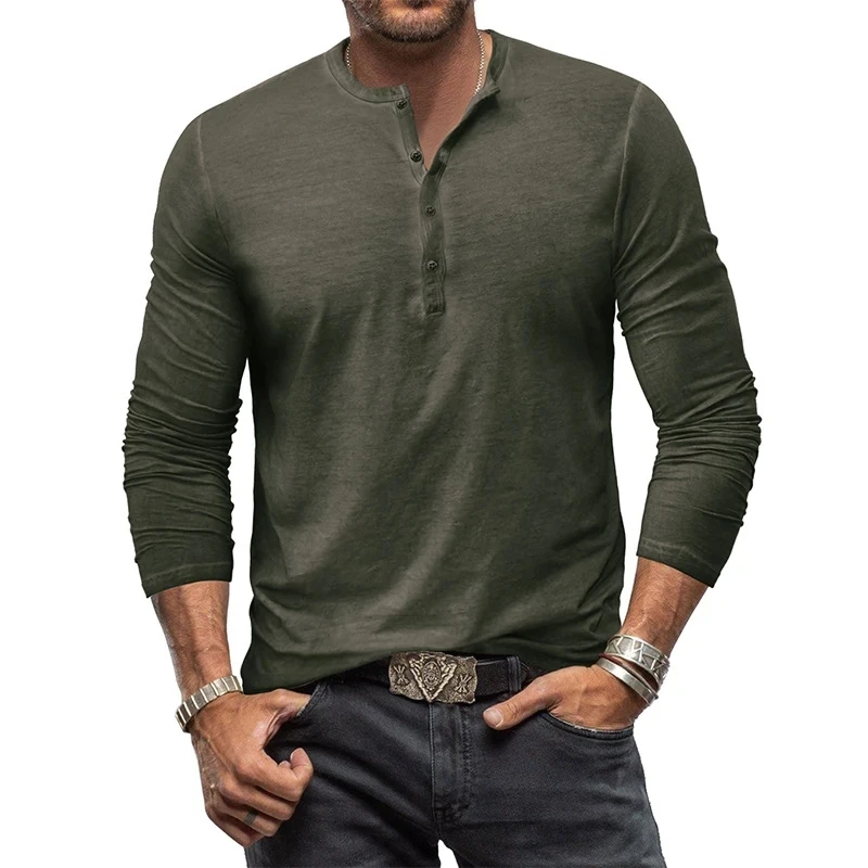 Men\'s Cotton Button Henley Collar T Shirt Long Sleeve Casual Buttons Solid Color Fashion T-Shirts Spring Autumn Vintage Top Tees