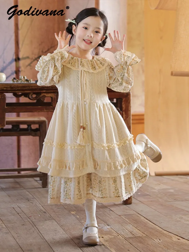 Sweet Girls Mori Floral Dresses Spring 2026 New French Pastorale Cute Ruffle Long Sleeve Tassel Blouse Soft Loose Princess Dress