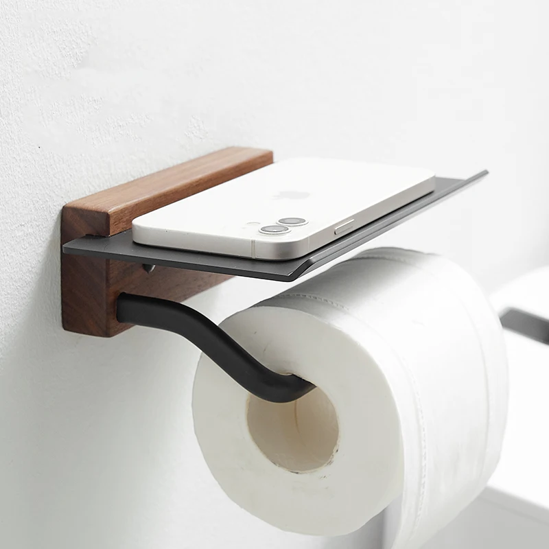 Wood Toilet Paper Holder Bathroom Wall Mount WC Paper Phone Holder Shelf Towel Roll Shelf Accessories Roll Holder