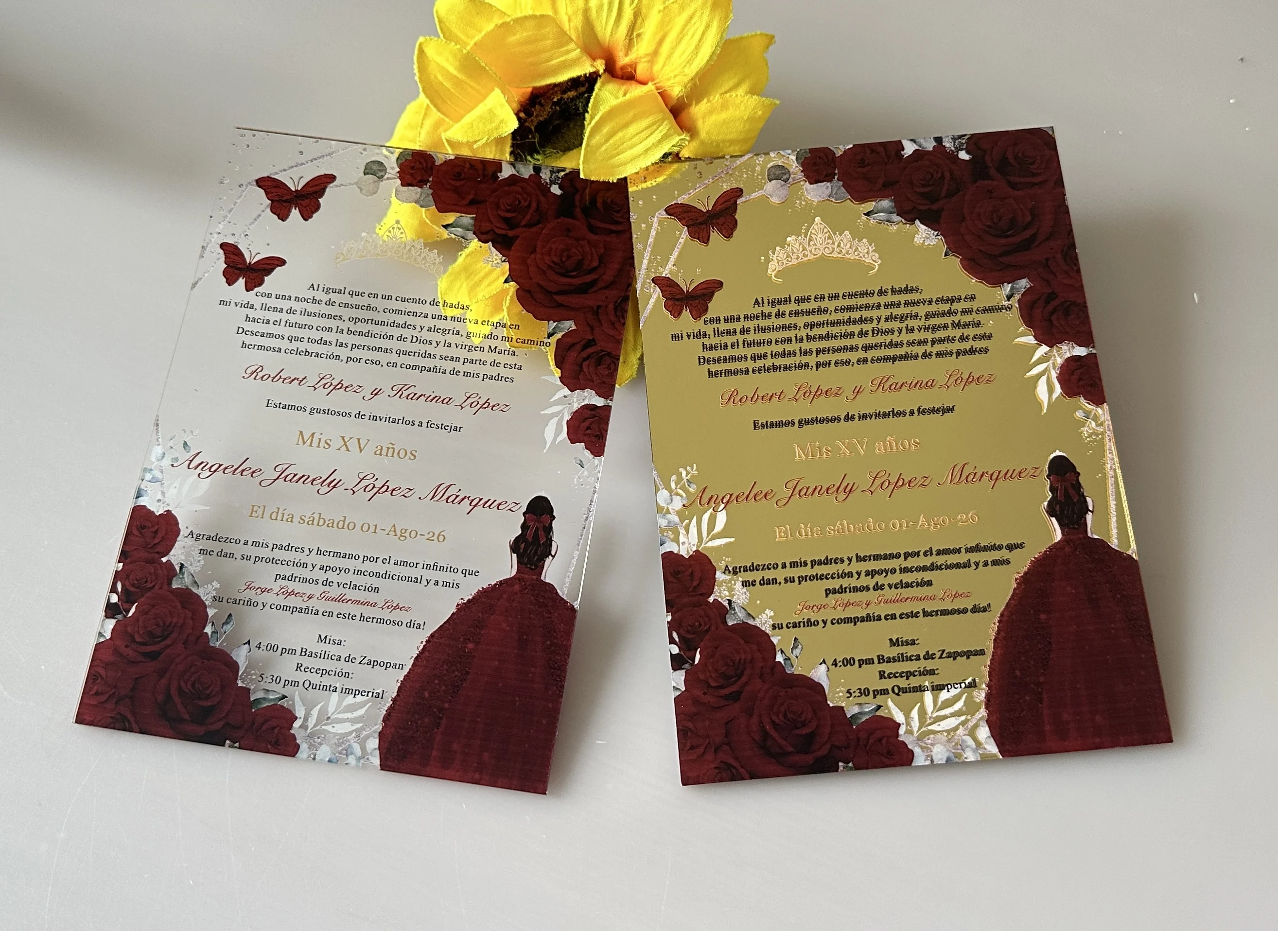 

Personalized Mirror Gold/Transparent Custom Quinceanera Invitation Cards,Bar Mitzvah Girls,Souvenirs Gift Favor Decoration,10pcs