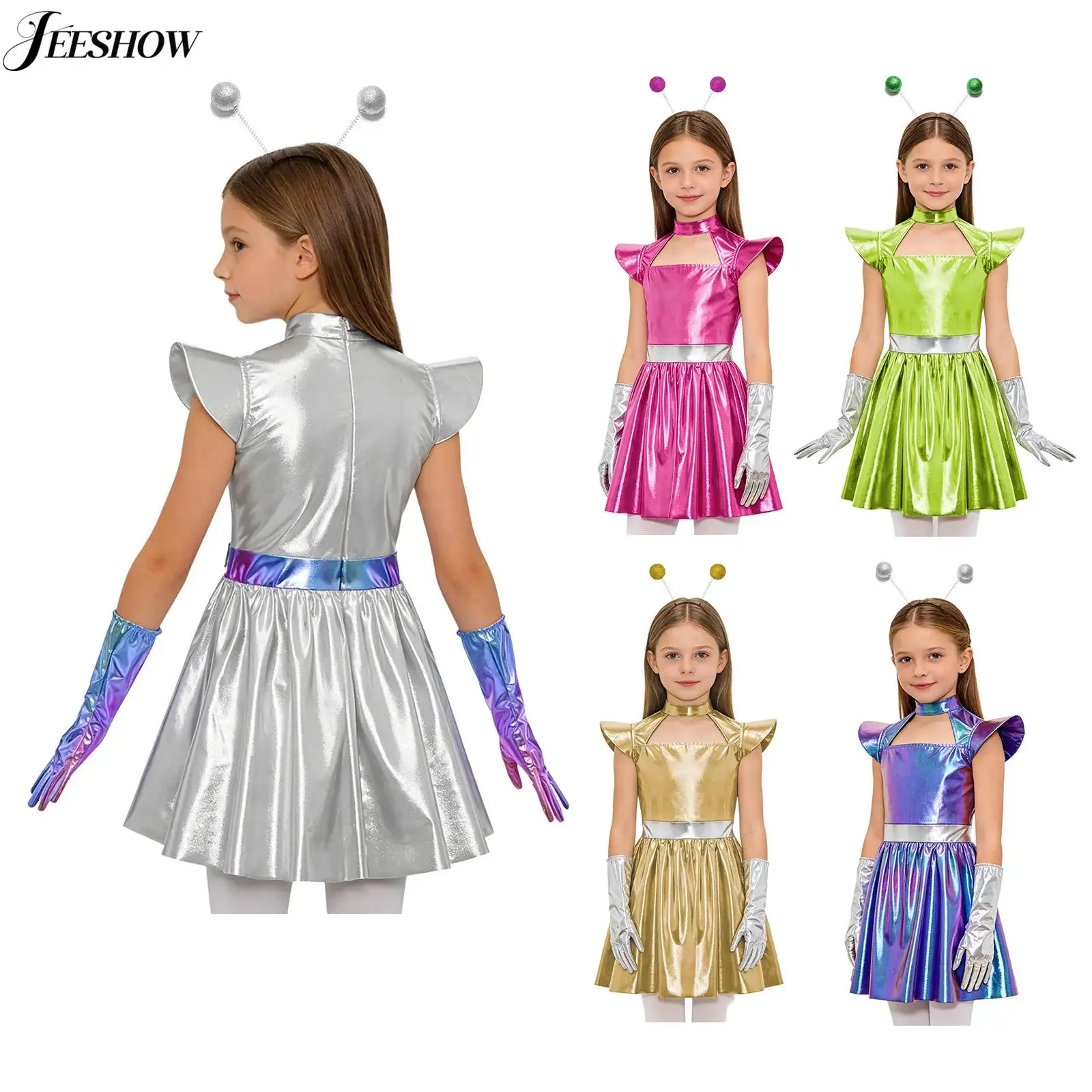 Girls Space Alien Costume 3 Piece Astronaut Cosplay Outfits Shiny Metallic Hollow Out Dress with Gloves and Hair Hoop Sets