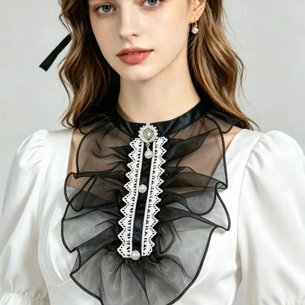 Elegant French Style False Collar for Women,Sheer Organza Ruffled Rhinestone Decor Detachable Adjustable Fake Collar Accessory