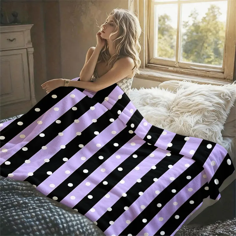 Lilac Polka Dot Stripe Flannel Blanket Perfect for Sofa Office Bed Travel Sleep Read Relax Camping Four Season Use