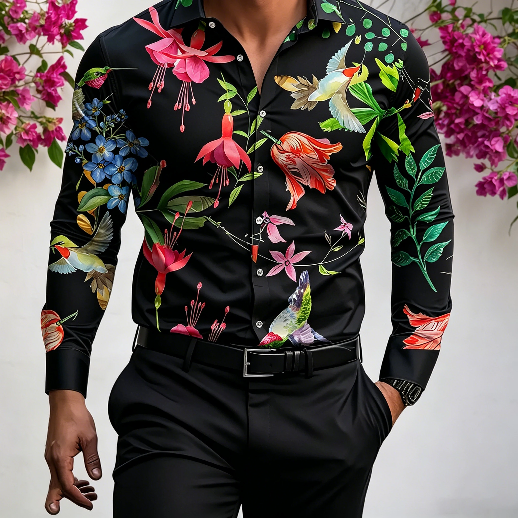 Men's White Watercolor Hummingbird Tropical Floral Long-Sleeved Shirt, Spring/Summer Green Leaf Indian Faux Collar Shirt