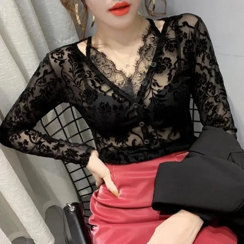 Spring Autumn Long-sleeved Lace New Style Slim-fitting Western-style Top Hollow Sexy Slimming Bottoming Mesh Top
