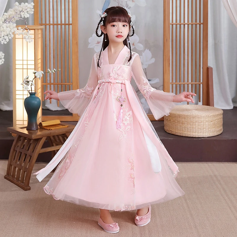 Girls' Hanfu Autumn New Children's Pink Dress Puffy Skirt Improved Cheongsam Girls Classical Dance Performance Clothes