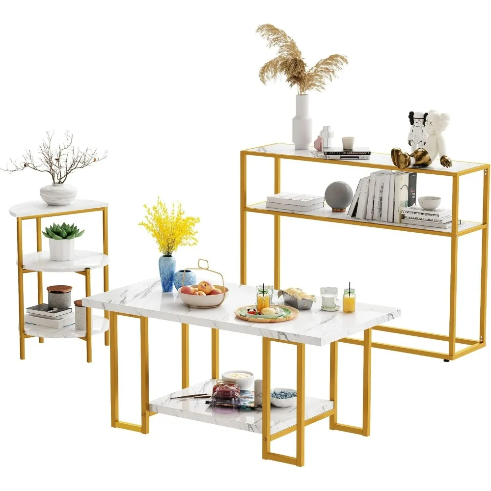 

Living Room Table of 3,Faux Marble CoffeeTable & Semicircle EndTable & Sofa Side ConsoleTable with Storage Shelves & Metal Fram
