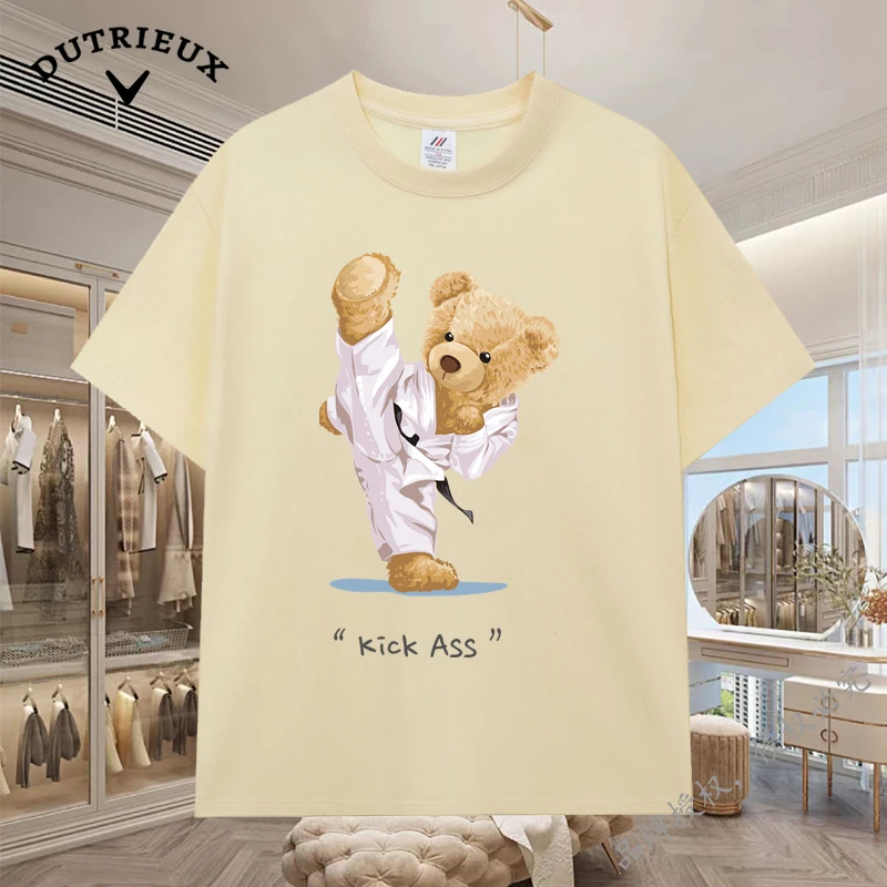 2024 New Luxury Bear Short Sleeved Men's and Women's Loose 230g Fabric weight Cotton Versatile Round Neck Breathable Inner Layup