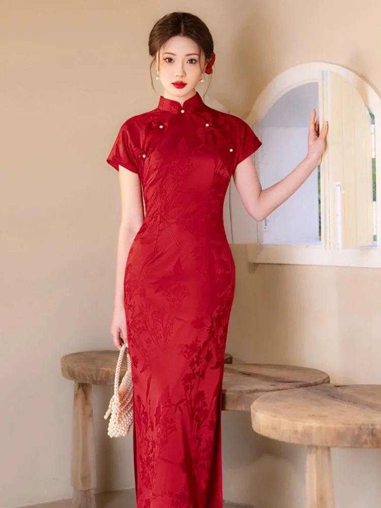 

Short Sleeve Bride Wedding Burgundy Dress Chinese Banquet Vestidos Improved Qipao Dress Women Sexy Jacquard Chesongam