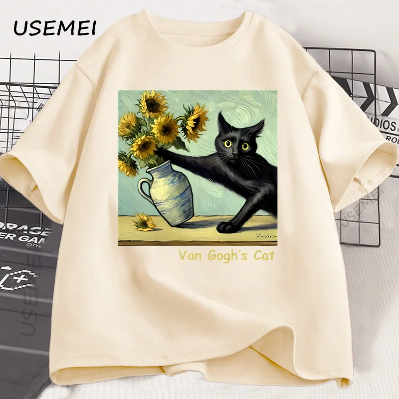 Van Gogh's Cat Art Print T Shirt Funny Graphci T Shirts Cotton Trendy Summer Loose Short Sleeved T-shirt Men Women Harajuku Top image 3