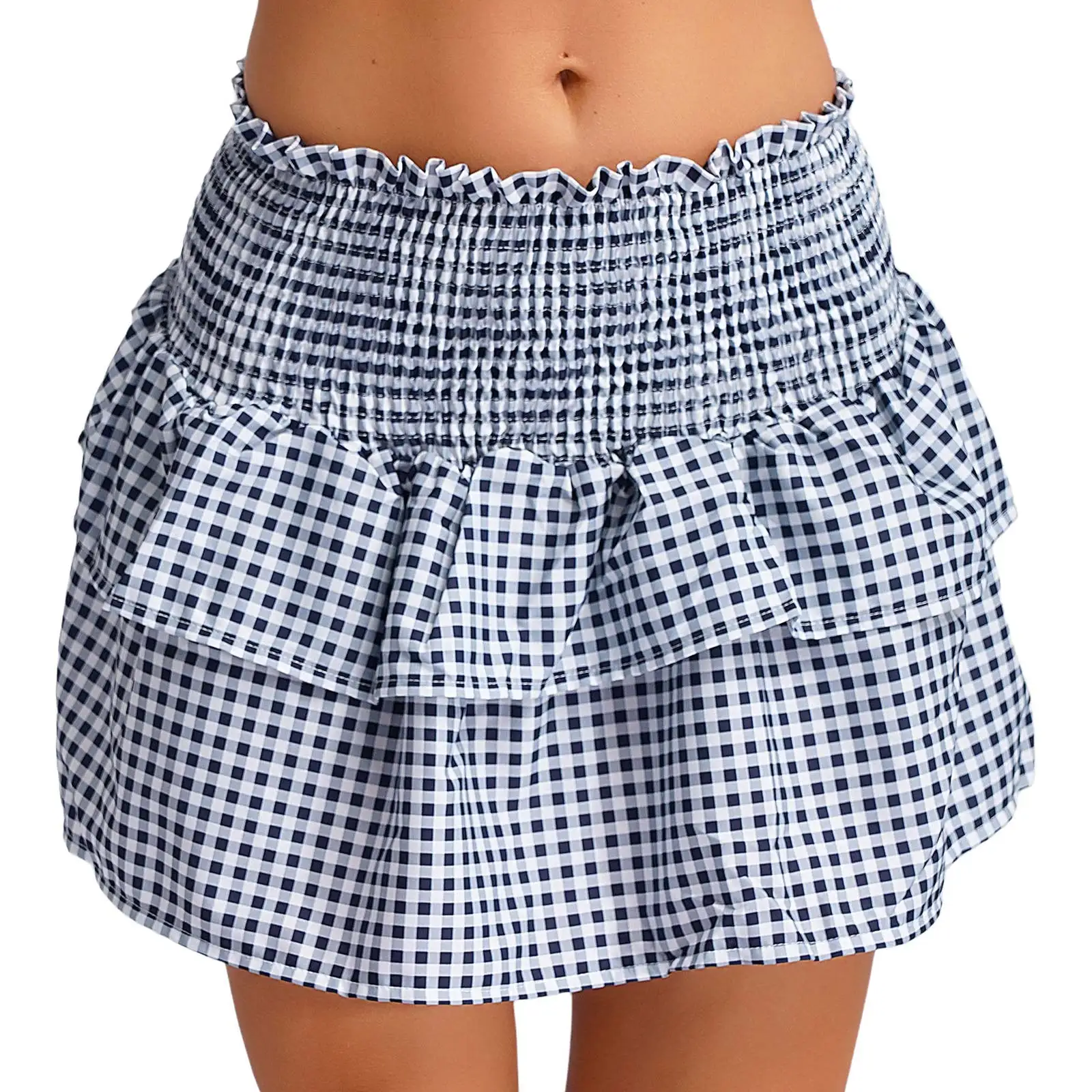 

Summer Sexy Gingham A-line Micro Skirt Female Girls Elastic Waistband Tiered Skirt Frilly Plaid Skirt for Vacation Daily Wear