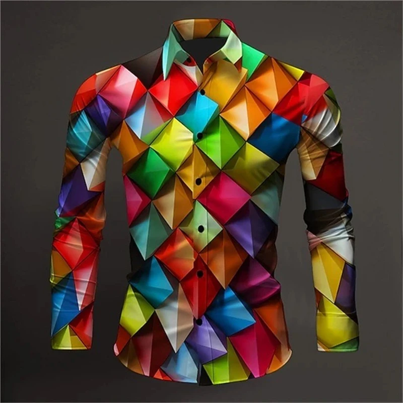 2024 New Spring and Autumn Colorful Splicing Casual Personalized Trendy Men\'s Long sleeved 3D Printed Shirt Large Shirt xs-6xl