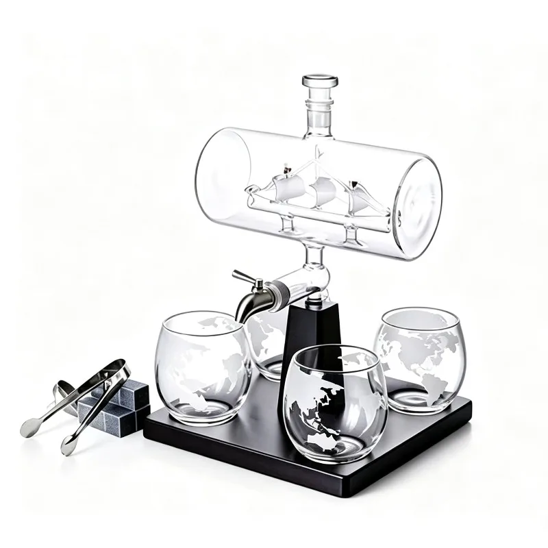 1 Set Creative Antique Boat Shape Decanter Red Wine Whiskey Glass Decanter 1 Bracket 1 Decanter 4 Cup Combination Set