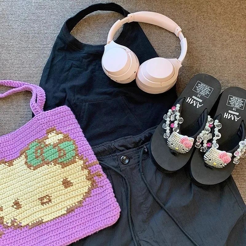 Hello Kitty Sanurgente-Tongs souples pour femmes, sandales de plage Y2k, chaussures décontractées à talons hauts compensés, pantoufles à plateforme, cadeau pour dames