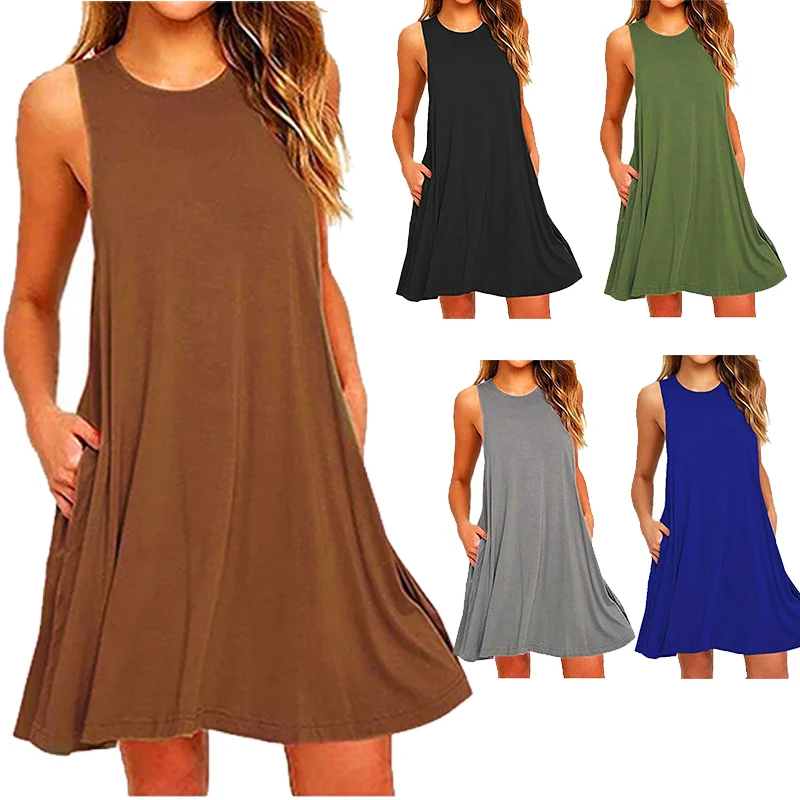 Abito estivo da donna senza maniche da donna Casual O-Collo Club Beach Mini abito a trapezio allentato Abiti QT034