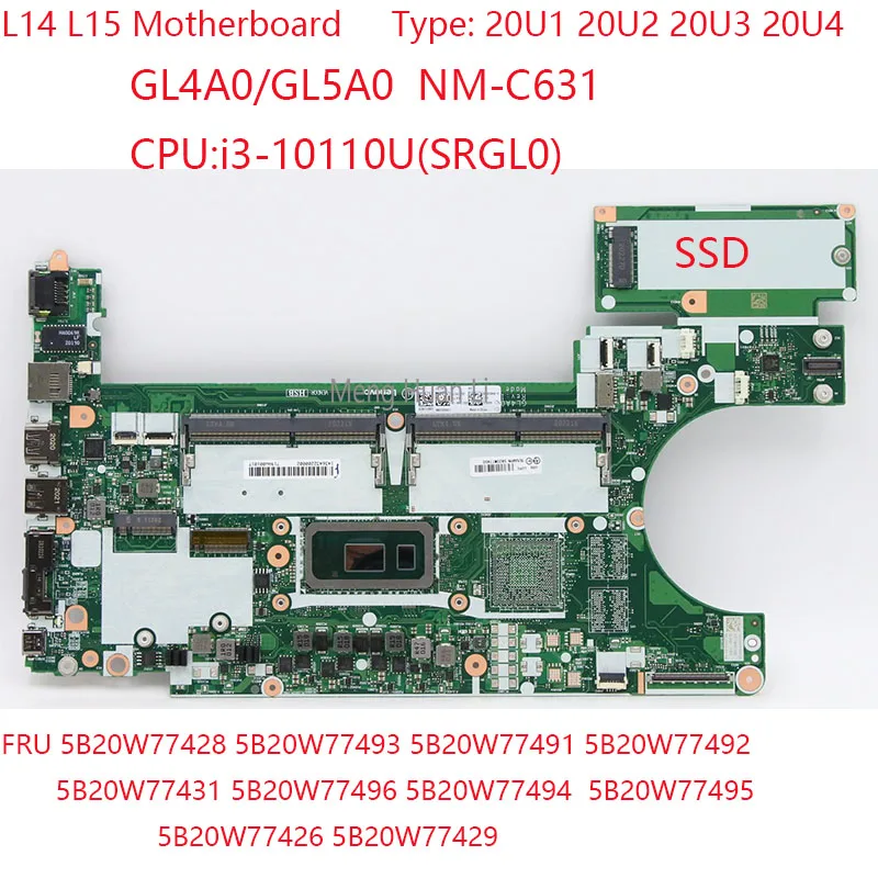 Placa-mãe para Thinkpad L15, GL4A0, GL5A0, NM-C631, 5B20W77428, 5B20W77493, 5B20W77491, 5B20W77492, L14, 20U1, 20U2, 20U3, 20U4, 10110U