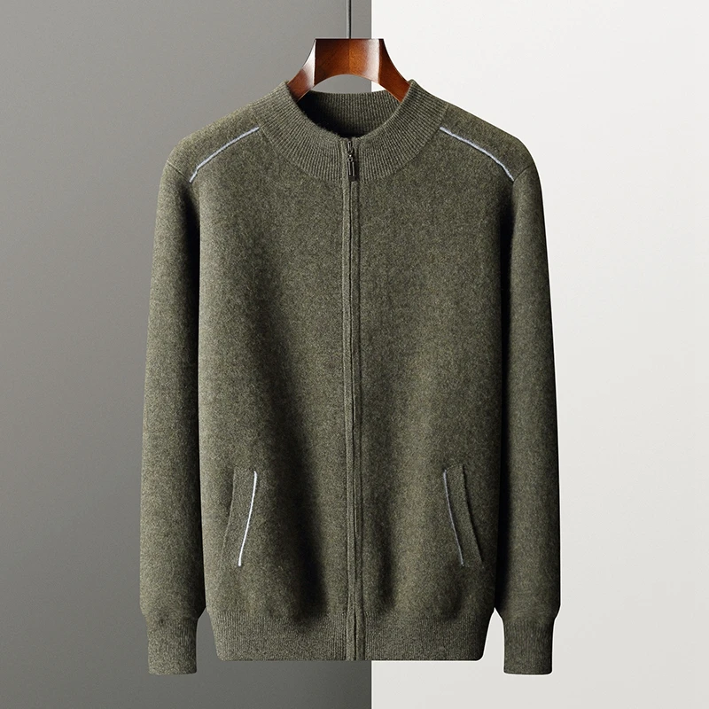 Men's 100% Cashmere Sweater Cardigan Stand Rib Collar Functional Side Pockets Understated Formal Buttery soft Knit Outerwear