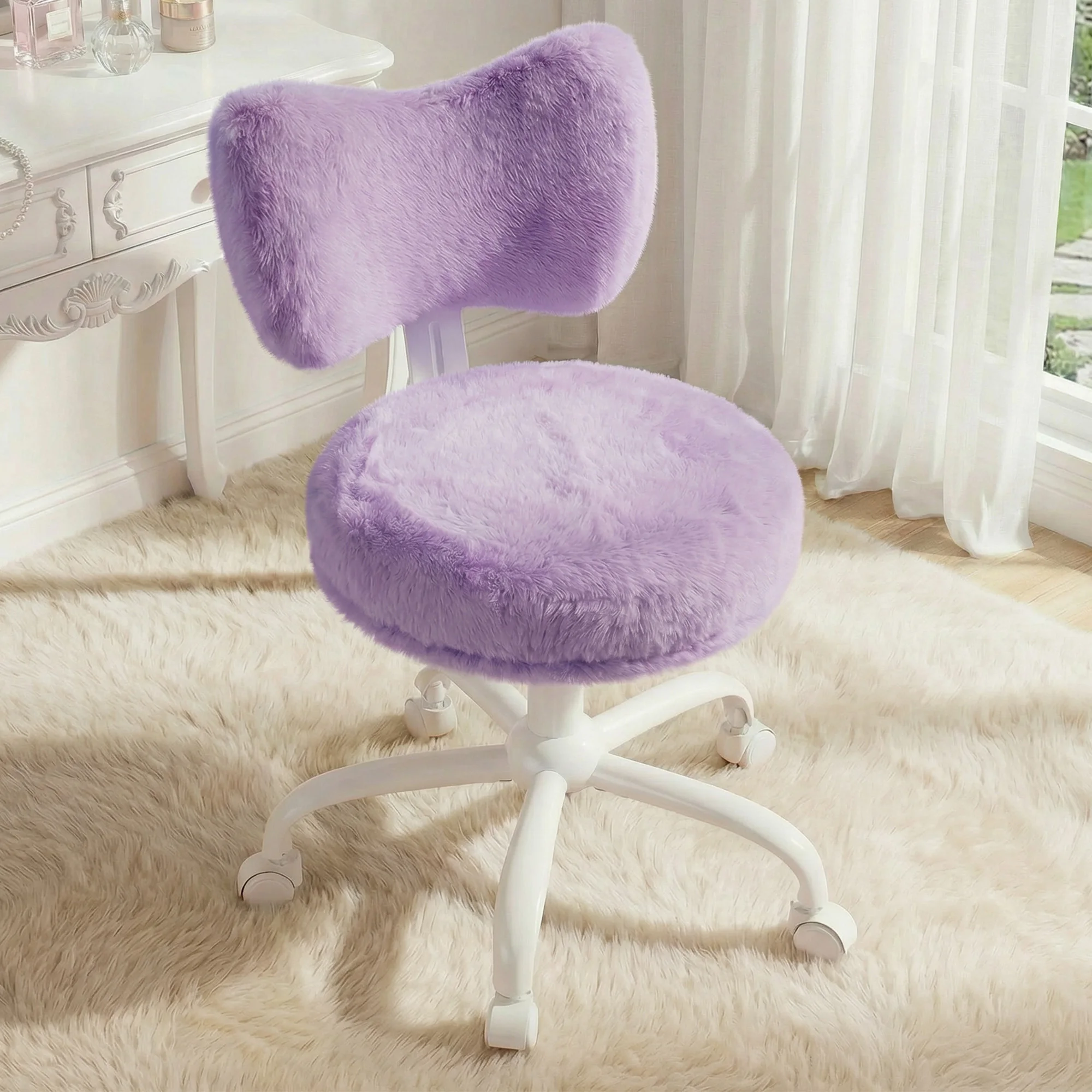 EnHomee  Cute Bow Back Vanity Chair with Wheels, Fluffy Faux Rabbit Fur Desk Chair, Height Adjustable Ergonomic Computer Chair, Portable Makeup Chair for Bedroom Dorm Home Office