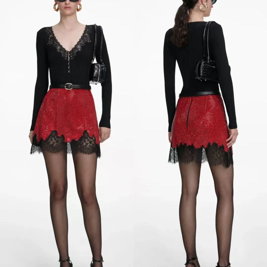 Women lace diamond splicing red skirt fashion luxury mini skirt