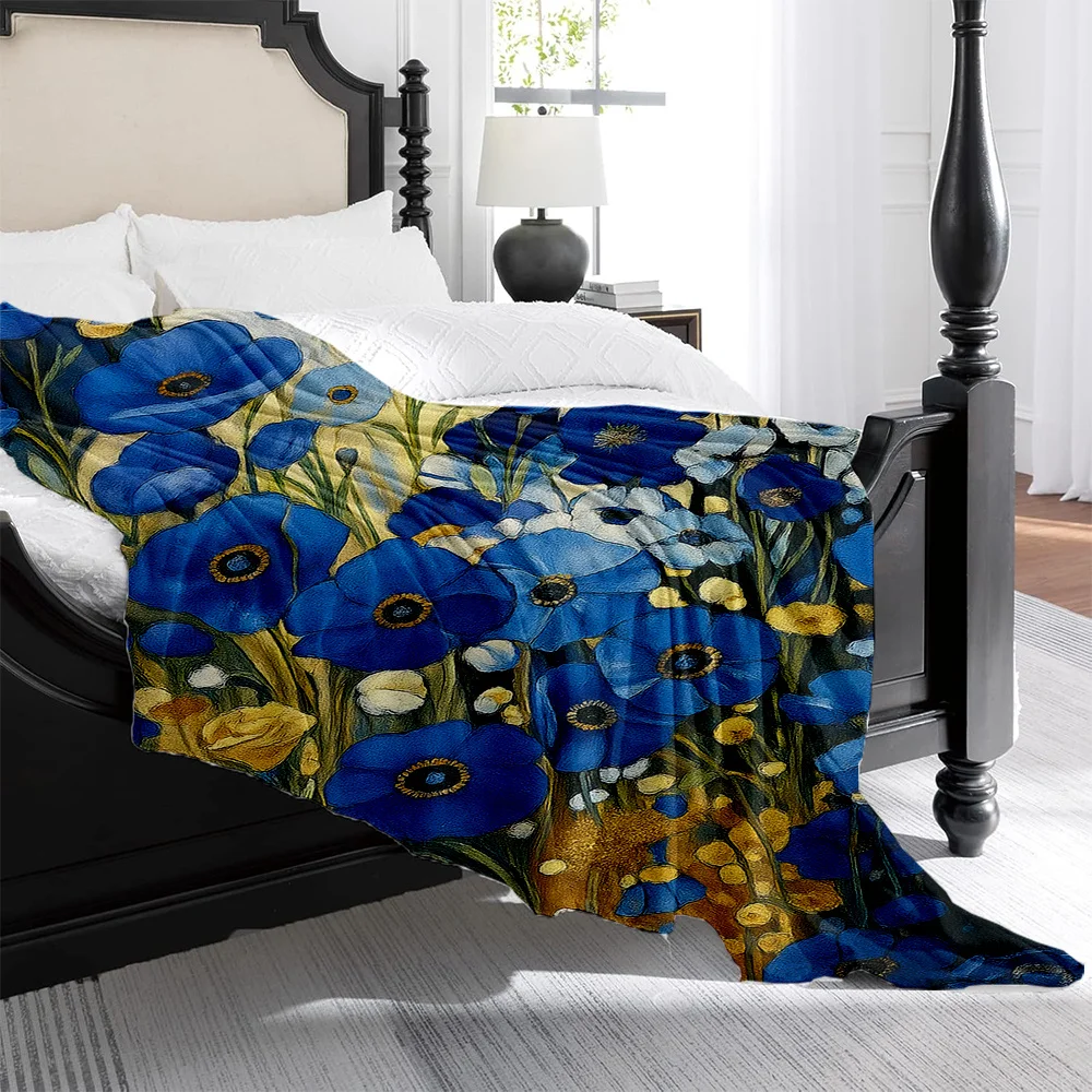 1pc Monet Blue Poppy Print Flannel Blanket - High Weight Soft & Warm All-Season Throw, Machine Washable Minimalist Home Decor