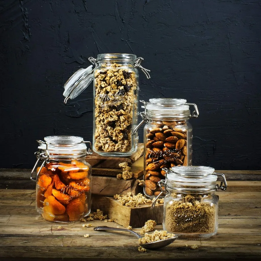 برطمانات مشبك زجاجية شفافة لتخزين طعام المطبخ محكمة الغلق، مجموعة جرة حفظ بمشبك صغير مكونة من 4 قطع (7 أونصة، 12 أونصة، 17 أونصة، و22 أونصة)، (TTU-V1)