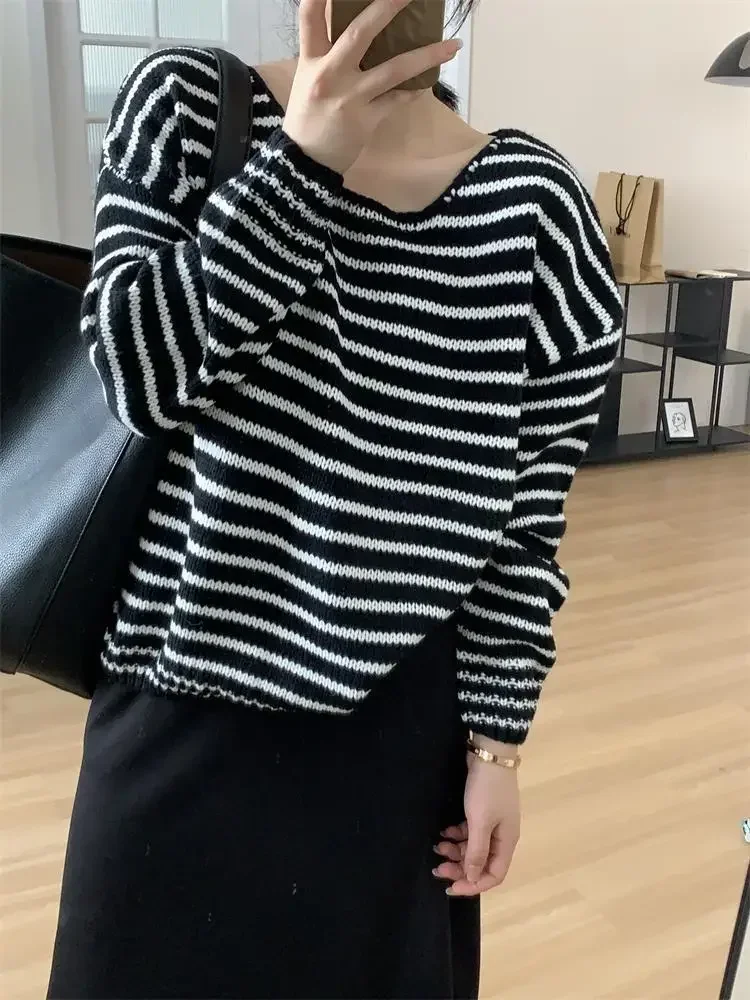 

Lazy Drape Contrast Color Striped Sweater Women's Fashionable Retro Thick Needle Round Neck Sweater Autumn and Winter Warm Top