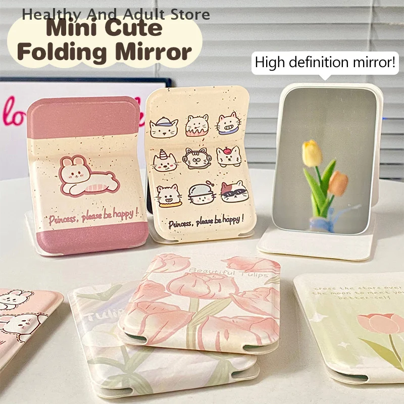 Desktop-Make-up-Spiegel, einfarbig, PU-Leder, einfacher tragbarer Hand-Make-up-Spiegel, faltbar, für Studenten, kompakt, niedlicher Taschenspiegel