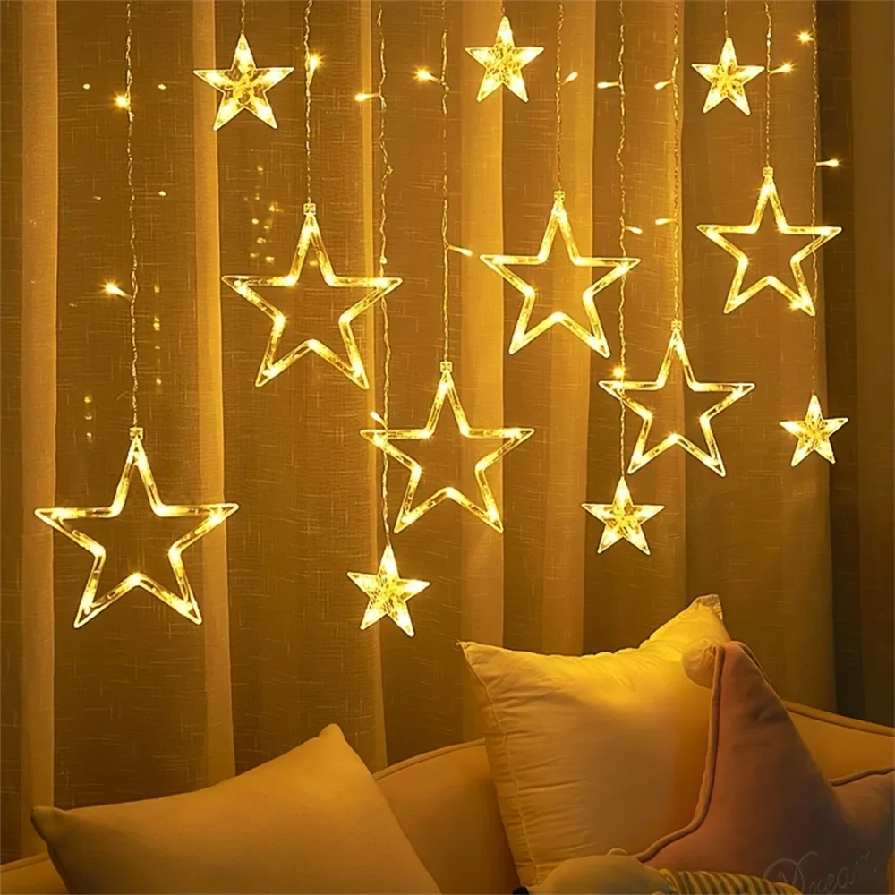 LED Lights String Pentagram Star Curtain Fairy Lights Wedding Birthday Christmas Lighting Indoor Decoration Light Remote Control