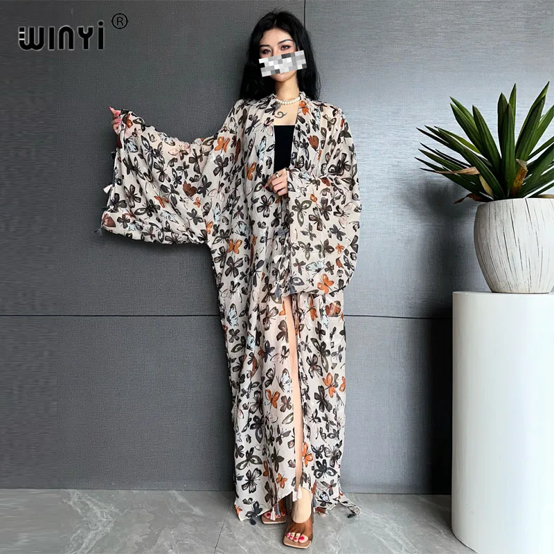 WINYI Hot stamping butterfly print dress Women coat kuwait Long Dress elegant Party Boho beach Africa Swimming Cover Up Kimonos