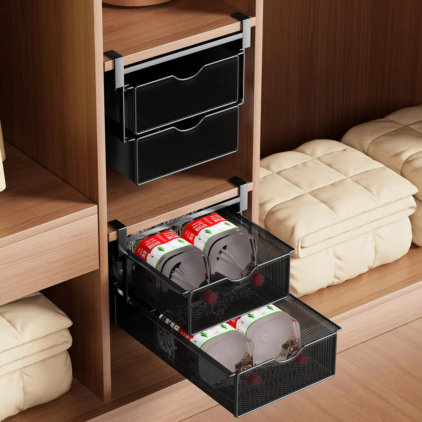 Two-Layer Carbon Steel Pull-Out Wardrobe Basket Ventilated Metal Drawer Organizer In White Or Black Closet Clothing Bedroom