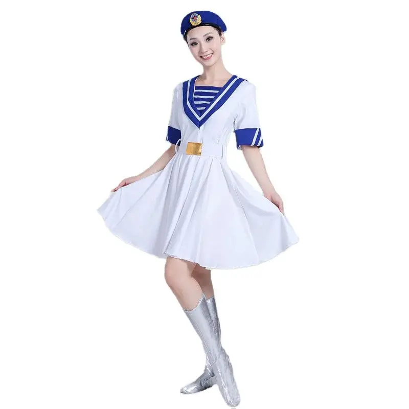 White Military Uniform Sailor Clothes Navy Costume Short Sleeve Army Chorus Stage Performance Dress For Women