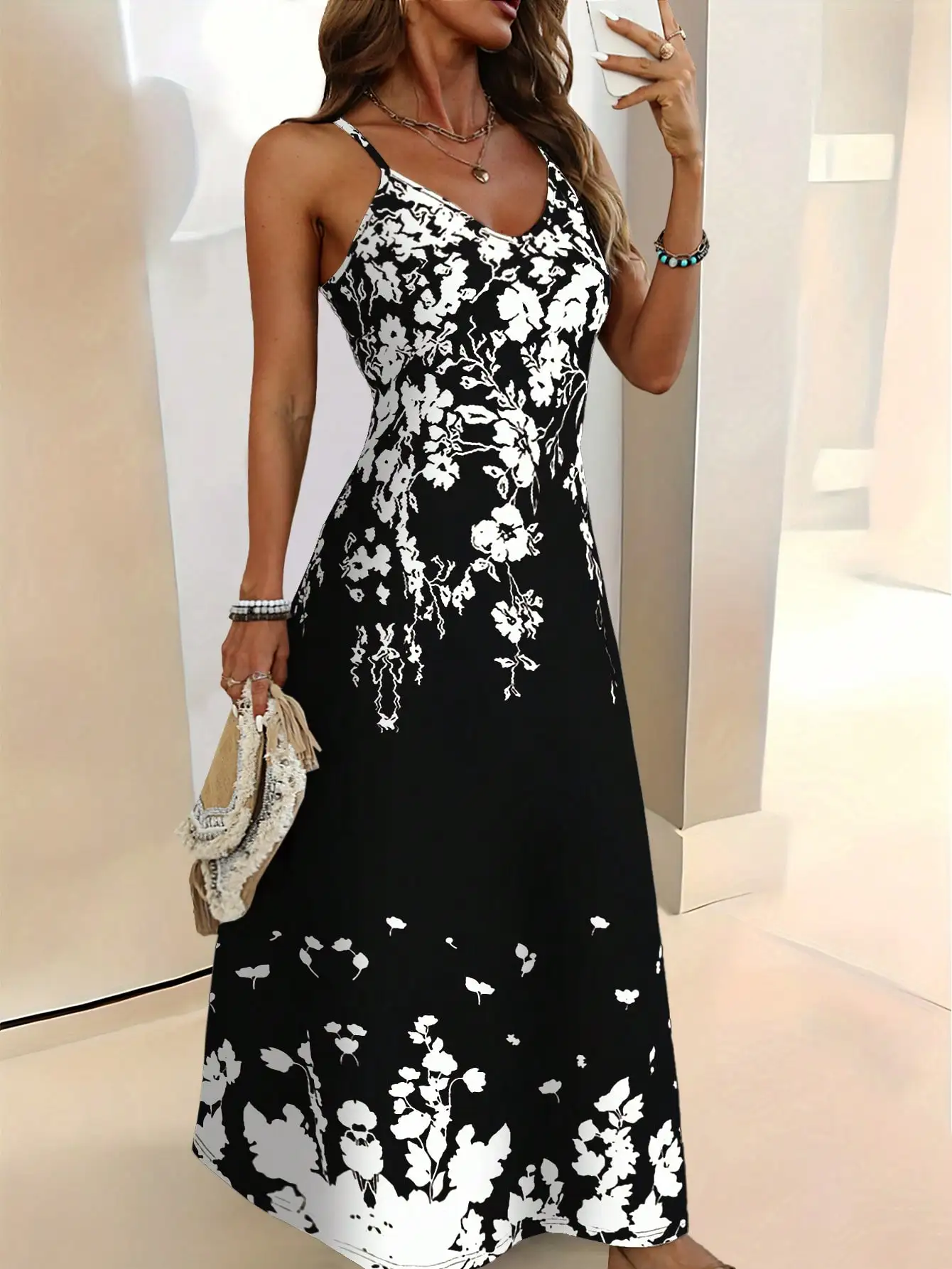 

Black and White Floral Print Spaghetti Strap Maxi Dress