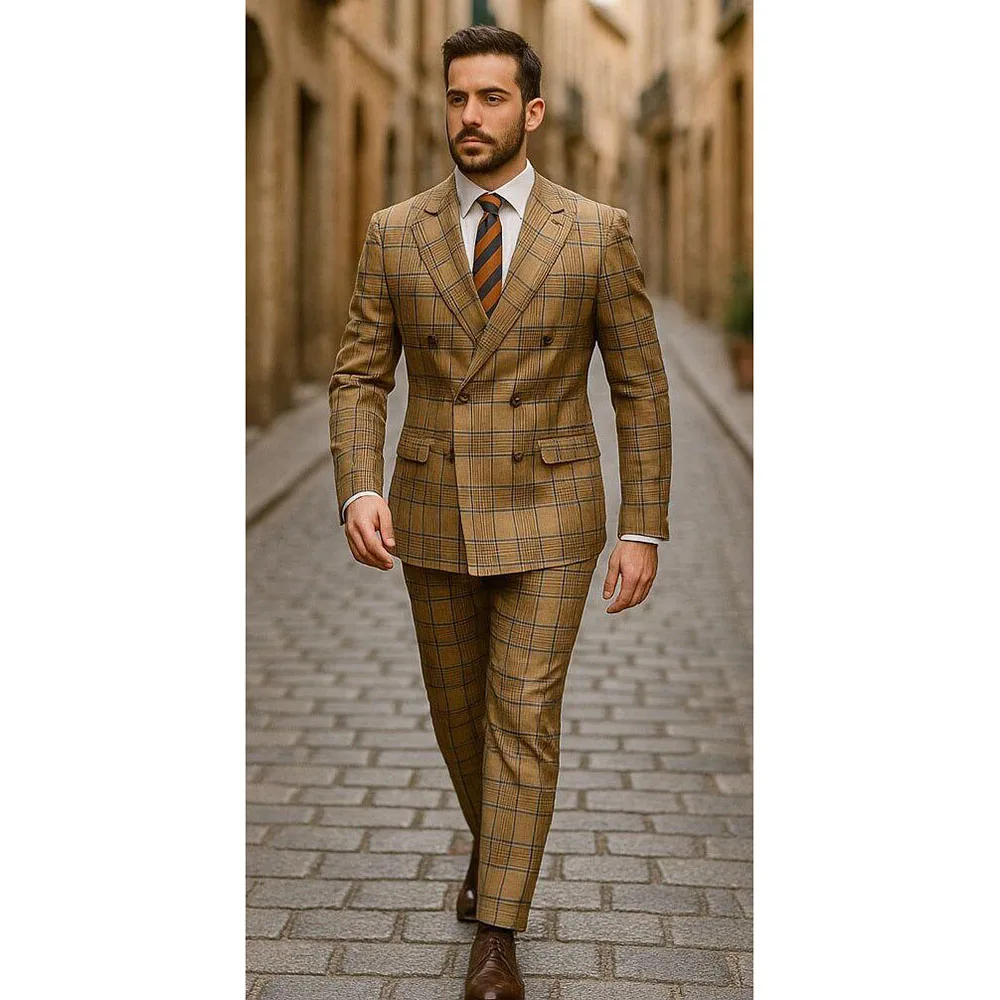 

Fashion Men Suits 2 Pieces Jacket Pant Double Breasted High Quality Peak Lapel Banquet Daily Formal Occasion Mae Clothing